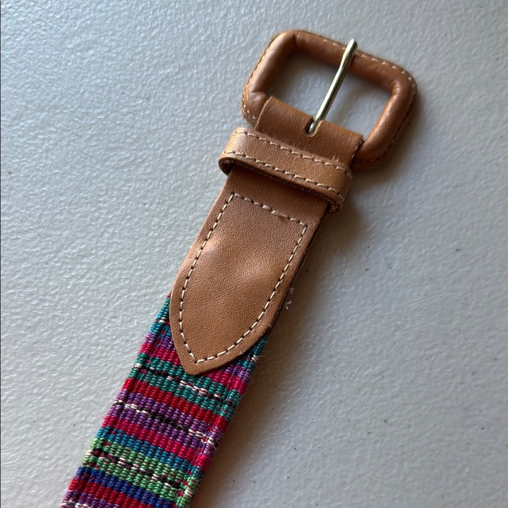 Multicolor Woven Belt made in Guatamala Tan Leather-Trim Women's 37.5 Inches